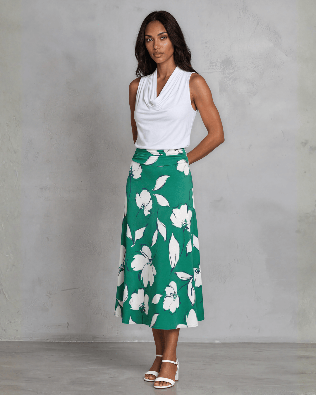 Shop the Marie Floral Maxi Skirt in bold green &amp; white. A-line silhouette, ruched waistband, sizes S-L. 95% Poly/5% Spandex. Made in USA.