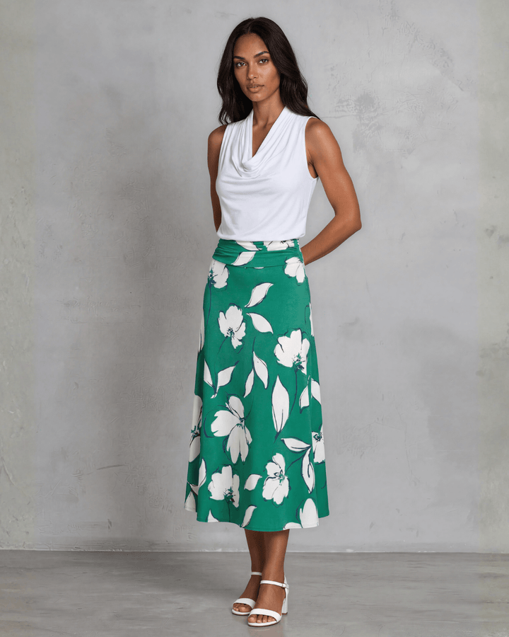Shop the Marie Floral Maxi Skirt in bold green &amp; white. A-line silhouette, ruched waistband, sizes S-L. 95% Poly/5% Spandex. Made in USA.