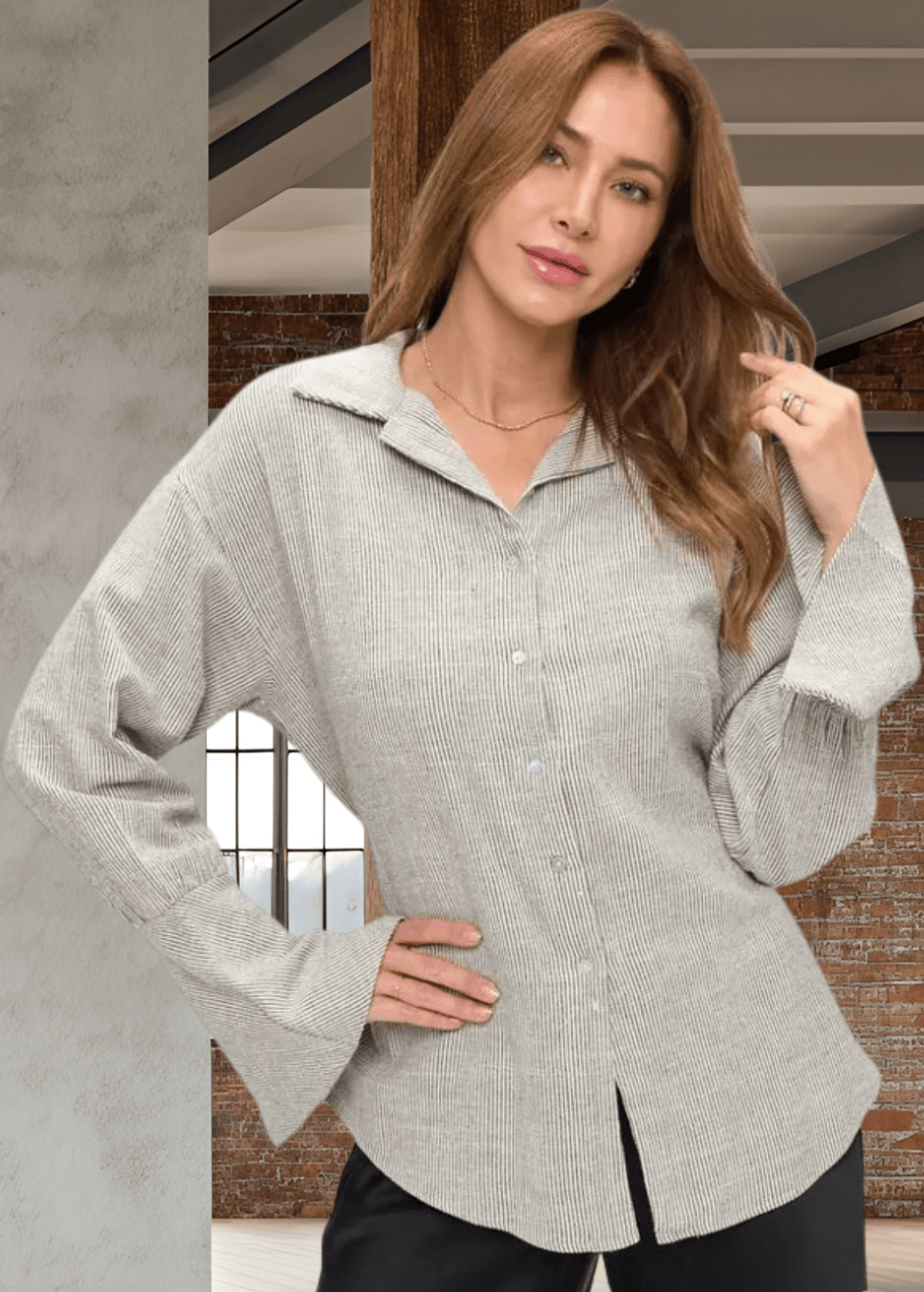 Elevate your wardrobe with the Made in USA Gabriella Cuff Detail Striped Top, featuring a classic collared design and long sleeves with stylish split bell cuffs. The tie-back detail adds a modern twist, while the subtle charcoal pinstripes on ivory make for a versatile, sophisticated look. Crafted from a breathable blend of cotton, rayon, and linen, this top offers all-day comfort and easy care with machine washable fabric. 