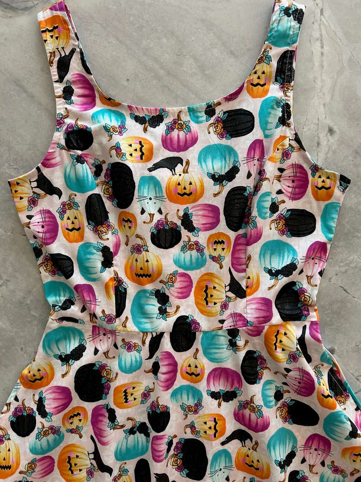 Made in USA. Shop the Pumpkin &amp; Crow Skater Dress by Retrolicious, with stretch cotton fabric, a scoop neck, A-line skirt and hidden pockets. XS–4X.
