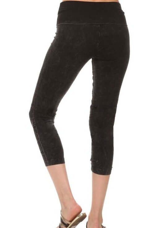 Chatoyant Mineral Washed Pull On Capri Leggings | Made in USA | Tummy control wide fold-over waistband | Classy Cozy Cool Women&