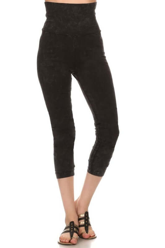 Chatoyant Mineral Washed Pull On Capri Leggings | Made in USA | Tummy control wide fold-over waistband | Classy Cozy Cool Women&
