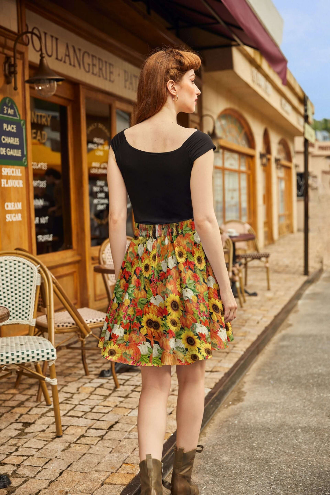 Made in USA. Shop the Sunflower &amp; Pumpkin cotton skater skirt by Retrolicious, with a vintage-inspired silhouette and elasticized back waist. Perfect for Fall.