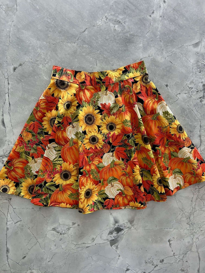 Made in USA. Shop the Sunflower &amp; Pumpkin cotton skater skirt by Retrolicious, with a vintage-inspired silhouette and elasticized back waist. Perfect for Fall.