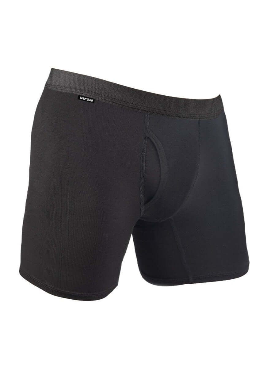 Made in USA WSI Sportswear Men's HYPRTECH™ BAMBOO Boxer Brief w/ Fly, advanced moisture-wicking properties and durability, Contoured pouch, Built in Fly, Relaxed fit Utilizes HYPRTECH™ BAMBOO low compression, a new and innovative eco-friendly technology Advanced moisture wicking properties 8.75" Longer Inseam 