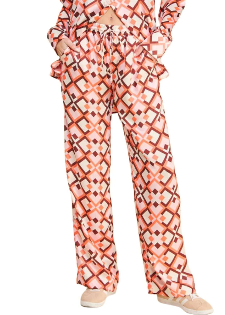 USA Made Ladies Pink Retro Pattern Satin Pants by If She Loves Style 