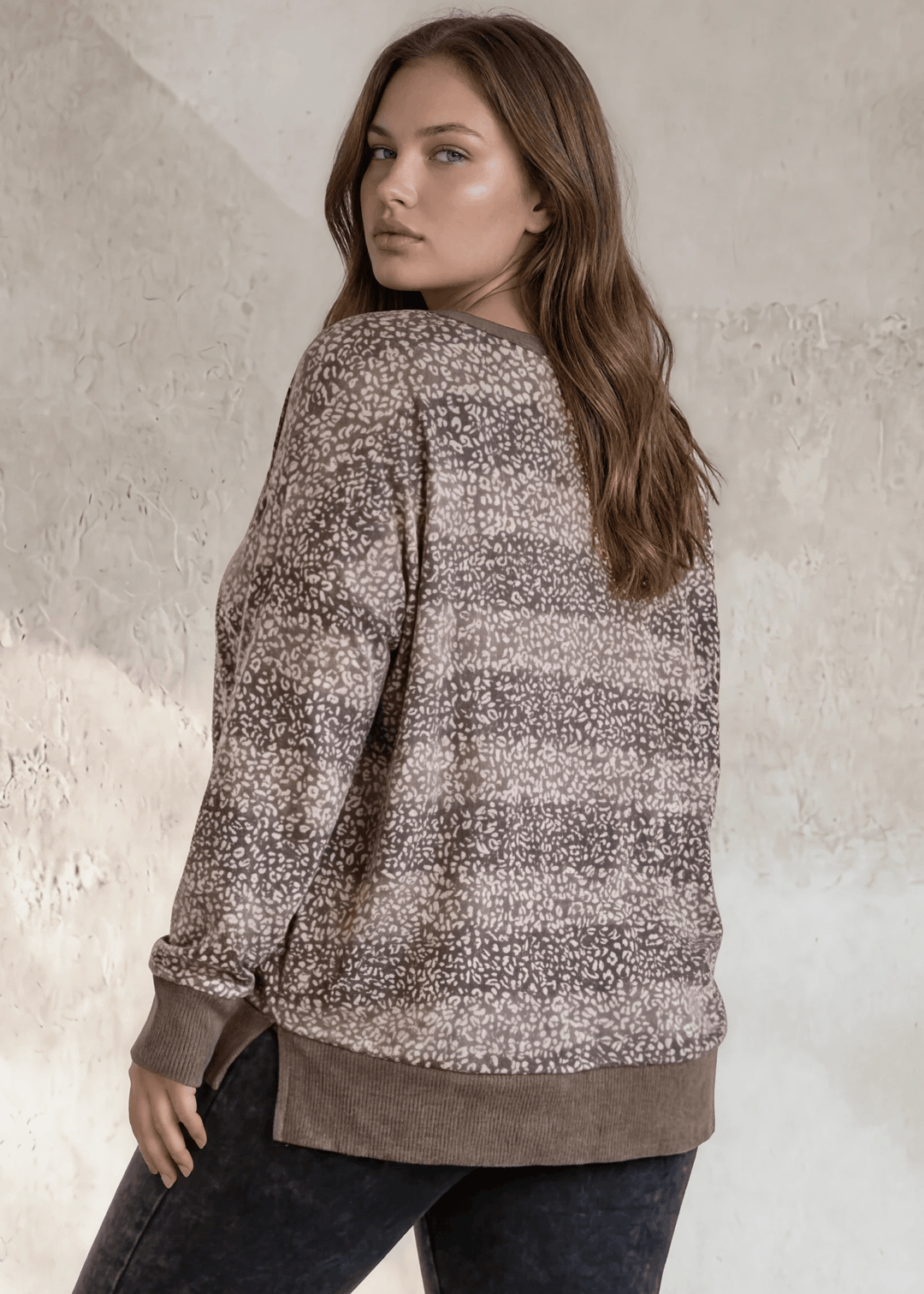 Shop this super soft mixed stripe &amp; animal print V-neck sweater top in plus sizes 1X–3X. Relaxed fit, long sleeves, Grey or Mocha. Made in USA. Ladies Oversized Lightweight Super Soft Patterned Striped Top in Shades of Grey | Made in USA | Classy Cozy Cool Women&
