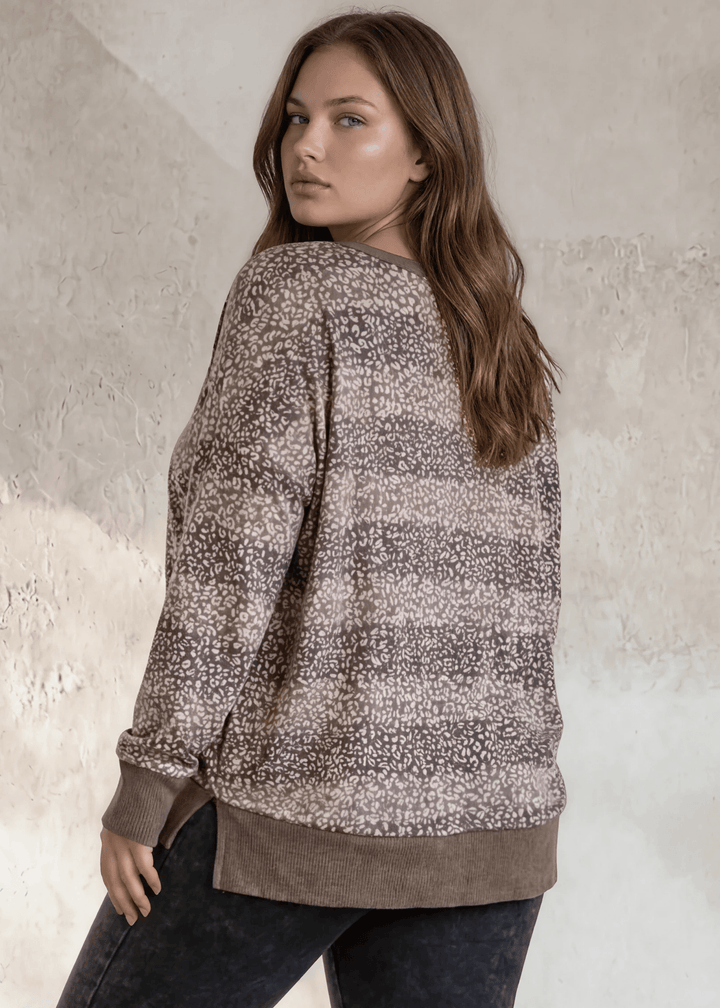 Shop this super soft mixed stripe &amp; animal print V-neck sweater top in plus sizes 1X–3X. Relaxed fit, long sleeves, Grey or Mocha. Made in USA. Ladies Oversized Lightweight Super Soft Patterned Striped Top in Shades of Grey | Made in USA | Classy Cozy Cool Women&