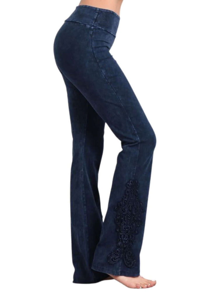 Electric Blue Chatoyant Mineral Washed Boot Cut Jeggings with Crochet Detail Hem Style
