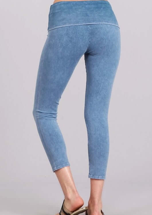 Made in USA Light Denim Mineral Washed Pull On Capri Leggings Tummy control wide fold-over waistband | Classy Cozy Cool Women&