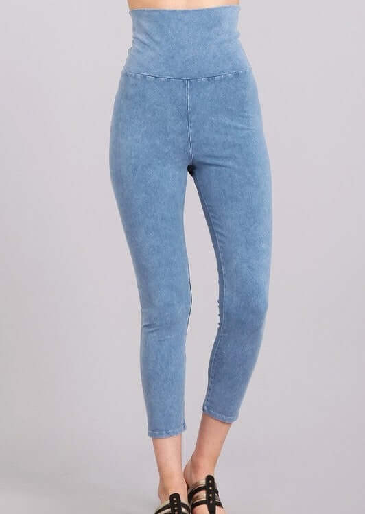 Made in USA Light Denim Mineral Washed Pull On Capri Leggings Tummy control wide fold-over waistband | Classy Cozy Cool Women&