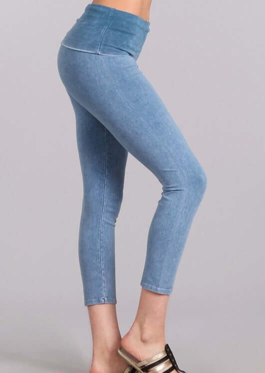 Made in USA Light Denim Mineral Washed Pull On Capri Leggings Tummy control wide fold-over waistband | Classy Cozy Cool Women&