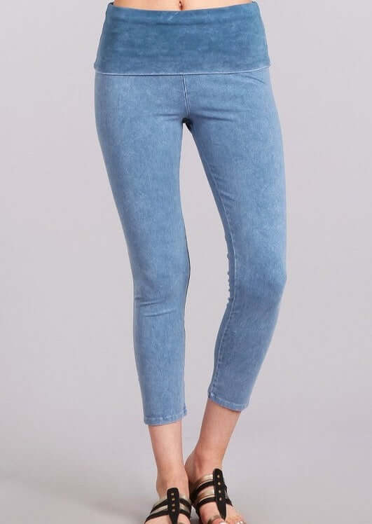 Made in USA Light Denim Mineral Washed Pull On Capri Leggings Tummy control wide fold-over waistband | Classy Cozy Cool Women&