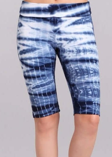 Ladies Mineral Washed Tie Dye Blue Knee Length Biker Shorts | Chatoyant Style