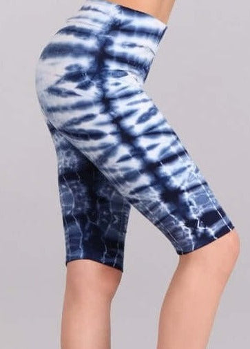 Ladies Mineral Washed Tie Dye Blue Knee Length Biker Shorts | Chatoyant Style
