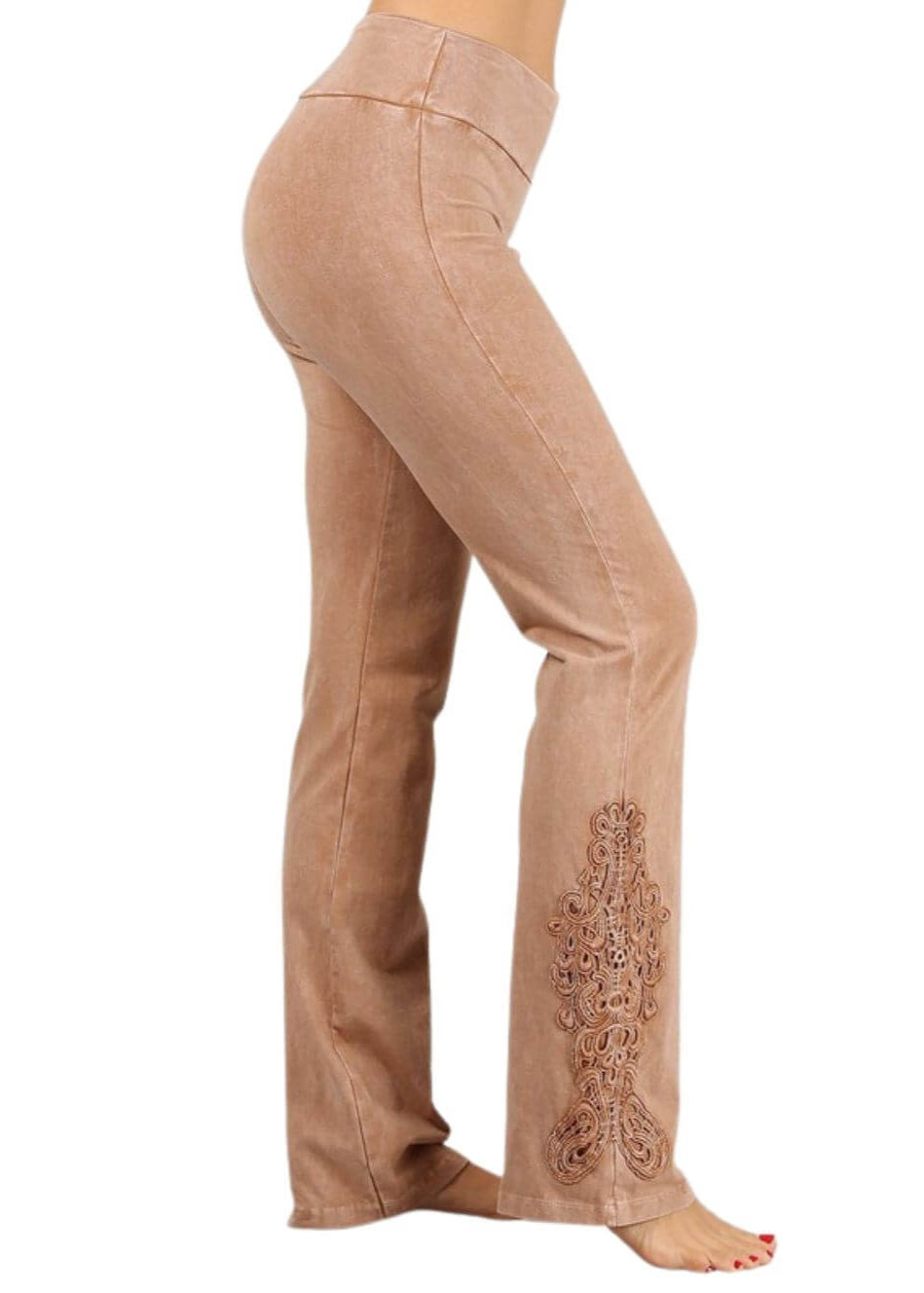 Chatoyant Mineral Washed Boot Cut Jeggings with Crochet Detail Hem Style