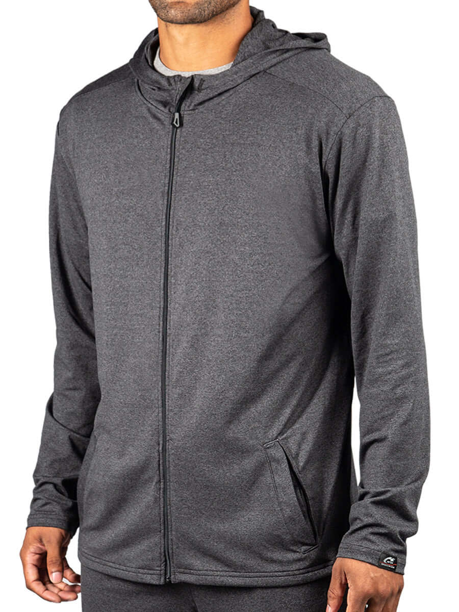 WSI Sportswear SoftTECH™ Pro Full Zip Travel Top in Charcoal Gray, Made in USA, Buttery Soft SoftTECH™ Pro weight material, Full Zip, built-in hood, & welt pockets Travel Top