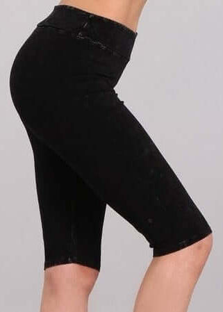 Ladies Mineral Washed Black Denim Knee Length Biker Shorts | Chatoyant Style