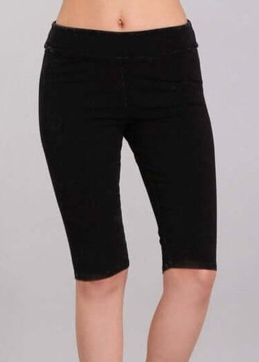 Ladies Mineral Washed Black Denim Knee Length Biker Shorts | Chatoyant Style