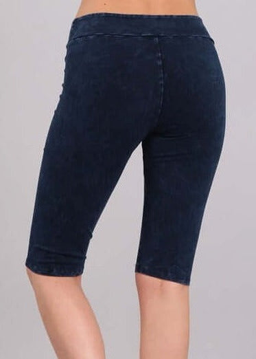 Ladies Mineral Washed Dark Denim Knee Length Biker Shorts | Chatoyant Style