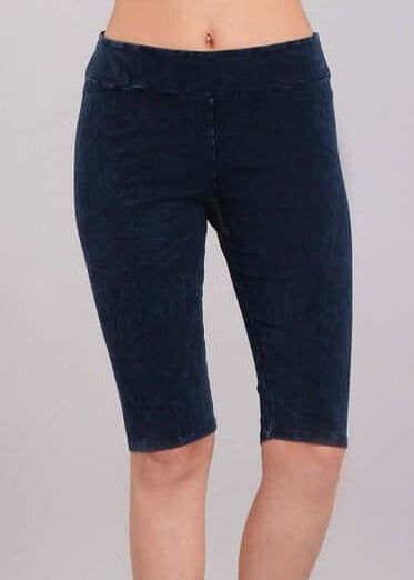 Ladies Mineral Washed Dark Denim Knee Length Biker Shorts | Chatoyant Style