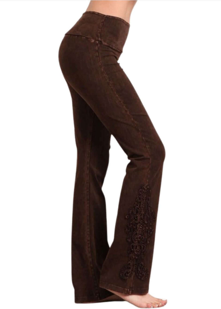 Chatoyant Mineral Washed Boot Cut Jeggings with Crochet Detail Hem Style