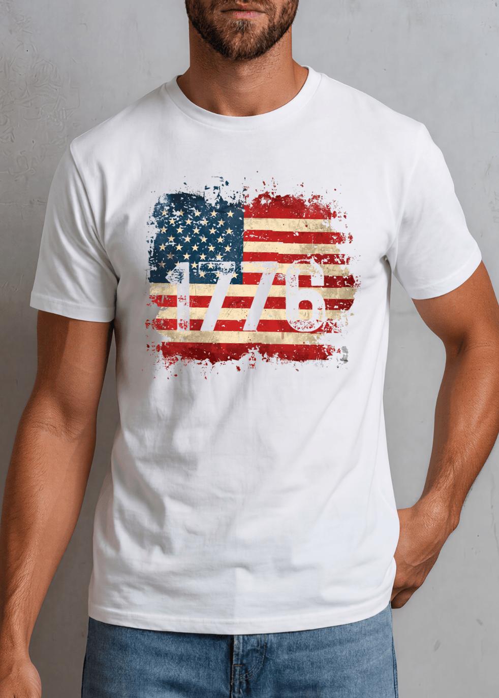 1776 Distressed American Flag Short Sleeve Tee — Made in USA with USA Cotton. Bold vintage flag graphic on white, 100% pre-shrunk cotton. Perfect for 4th of July.