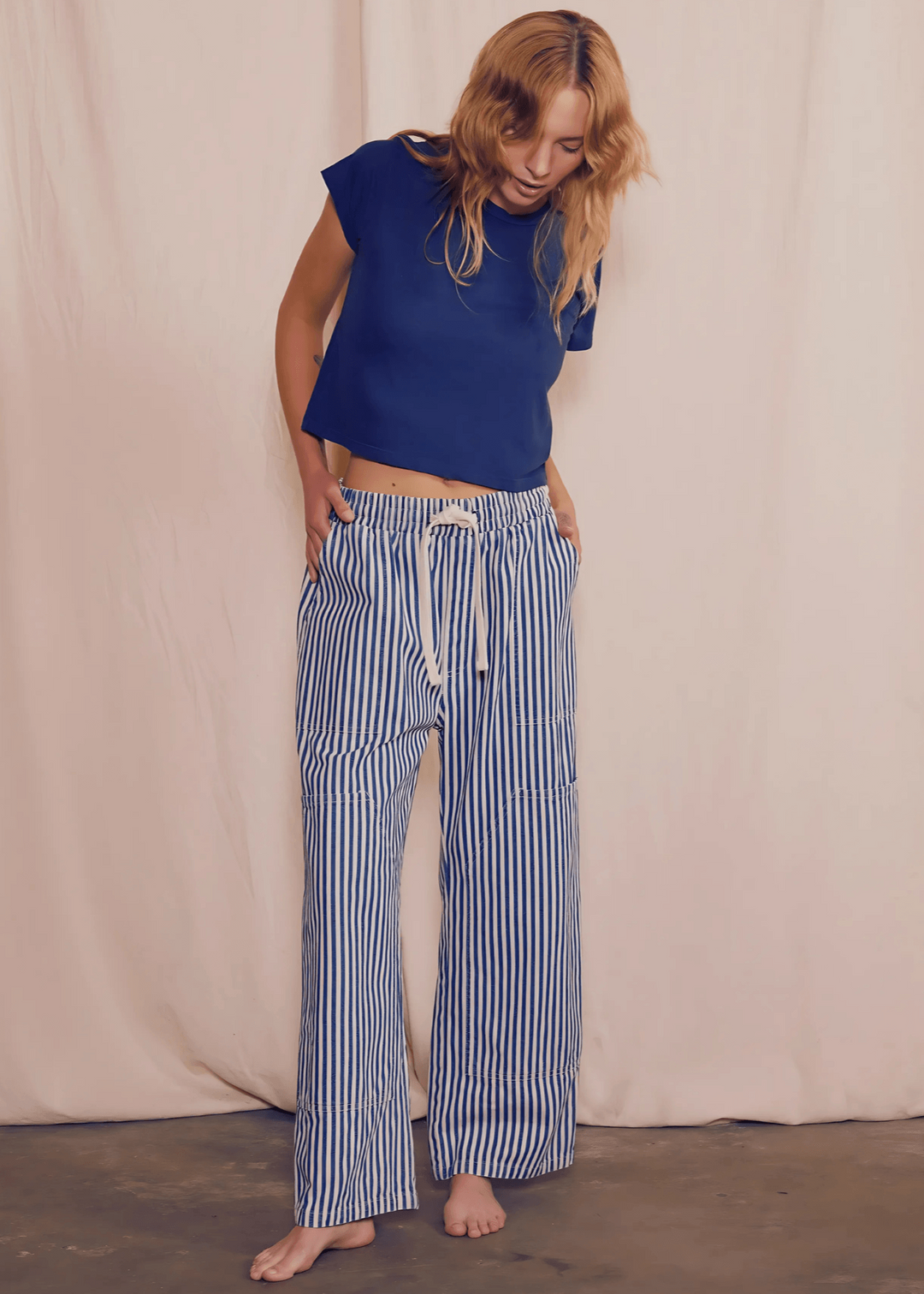 The Charlie Pant by People of Leisure — 100% cotton denim wide leg in Striped. Sustainably made in the USA. Sizes XS–XL