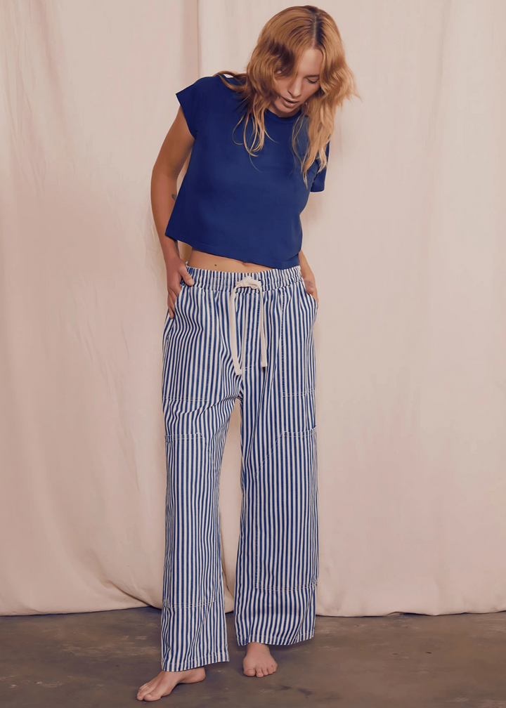 The Charlie Pant by People of Leisure — 100% cotton denim wide leg in Striped. Sustainably made in the USA. Sizes XS–XL