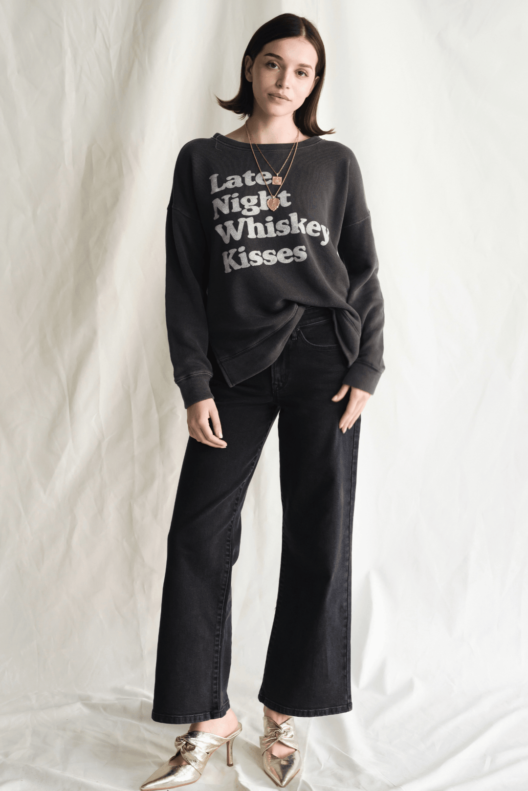 Whiskey Kisses Sweatshirt by People of Leisure — vintage-inspired graphic crewneck in Vintage Black. Ethically made in LA. Sizes XS–XL.
