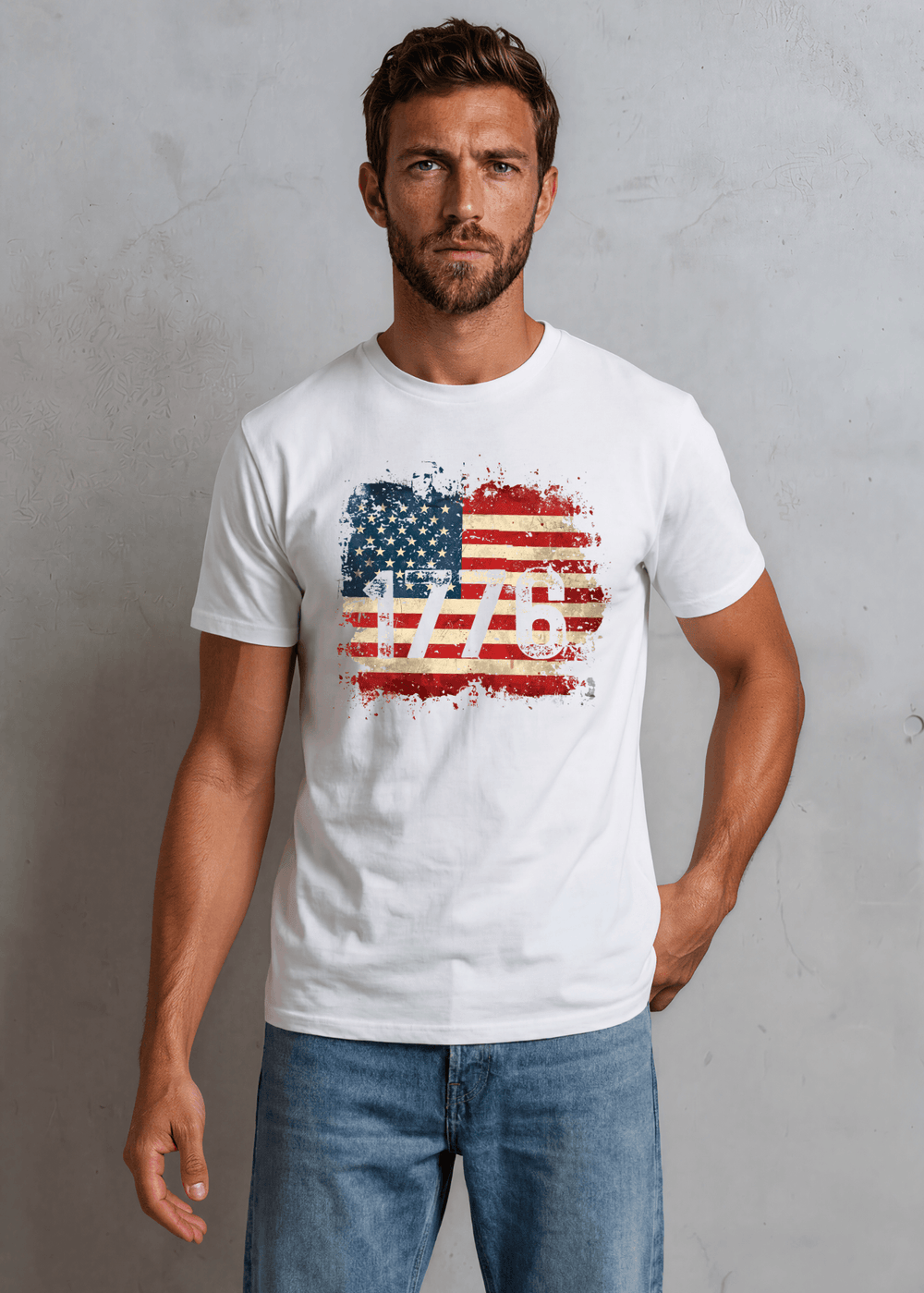 1776 Distressed American Flag Short Sleeve Tee — Made in USA with USA Cotton. Bold vintage flag graphic on white, 100% pre-shrunk cotton. Perfect for 4th of July.