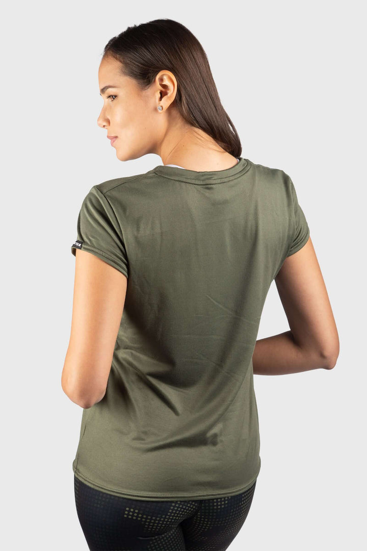 Shop the USA SoftTECH Tee by WSI Sportswear — buttery soft, wicking, anti-microbial cap sleeve tee. Olive. Made in USA. Sizes XS–XL.
