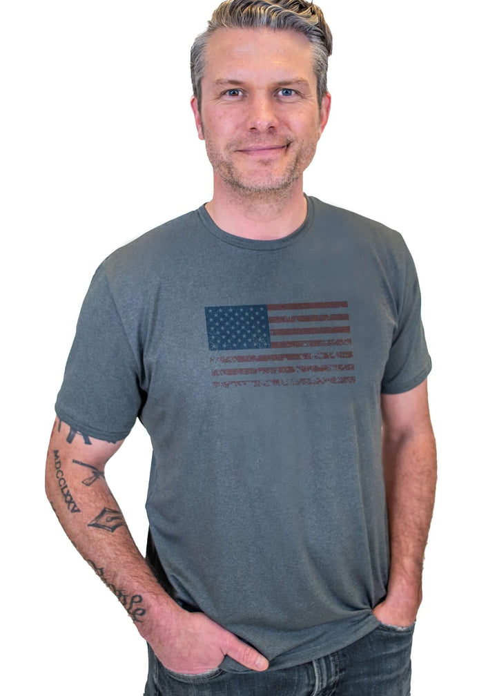 Made in USA. WSI Sportswear Men’s Patriot SoftTECH™ Tee. Distressed American Flag Graphic, Lightweight, Moisture Wicking, Light Gray T-shirt