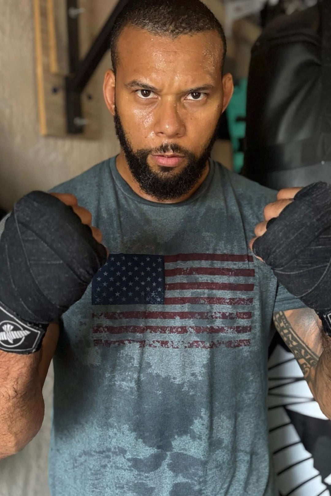 Made in USA. WSI Sportswear Men’s Patriot SoftTECH™ Tee. Distressed American Flag Graphic, Lightweight, Moisture Wicking, Light Gray T-shirt