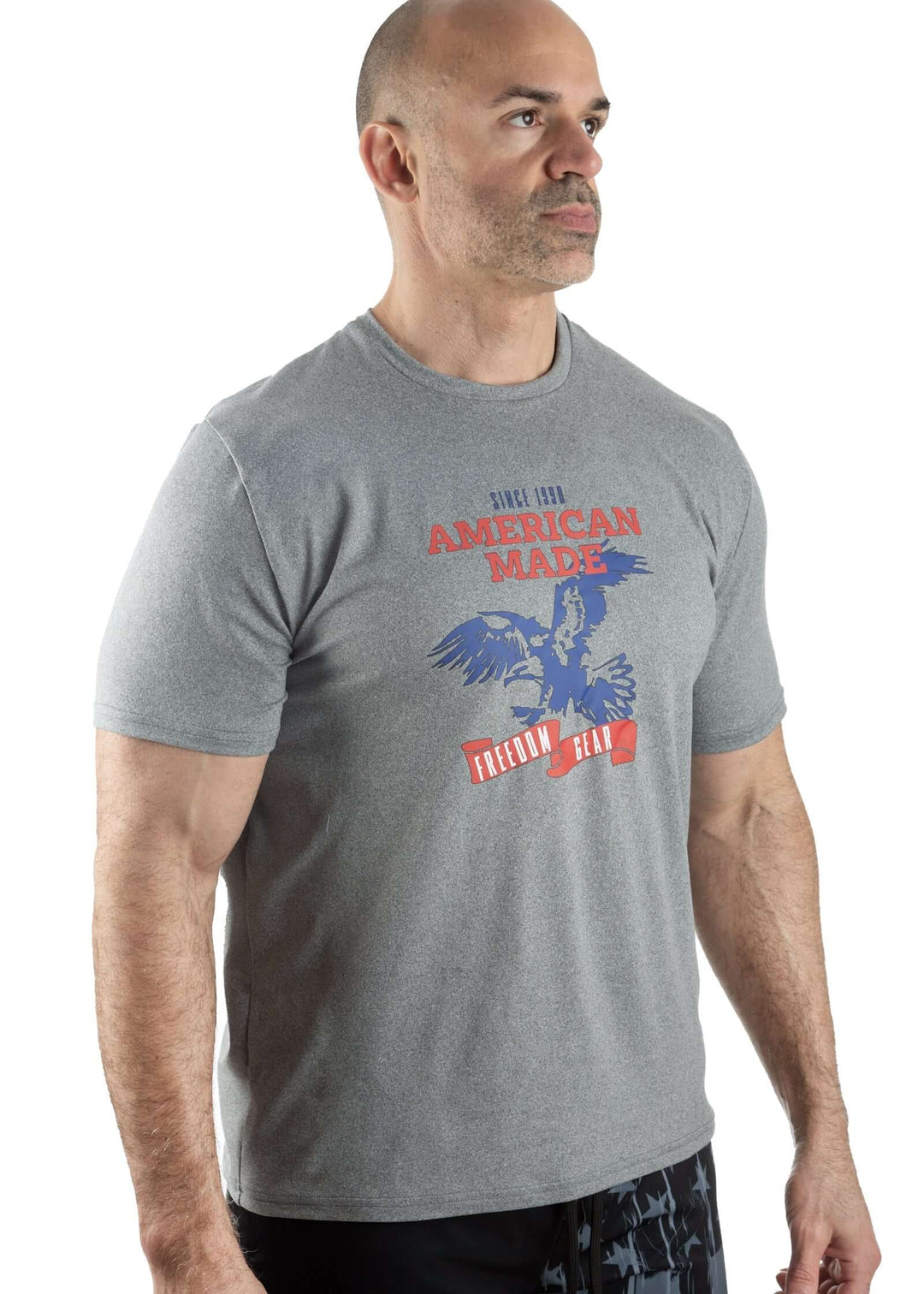 Made in USA. WSI Sportswear Men’s Patriotic American Made Graphic SoftTECH™ Tee.  Lightweight, Moisture Wicking, in Dark Gray, Light Gray or Navy