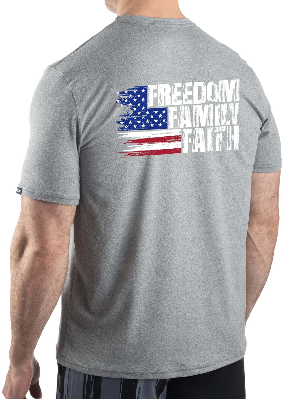 Made in USA. WSI Sportswear Men’s Patriotic Freedom Faith Family Graphic SoftTECH™ Tee.  Lightweight, Moisture Wicking, in Light Gray