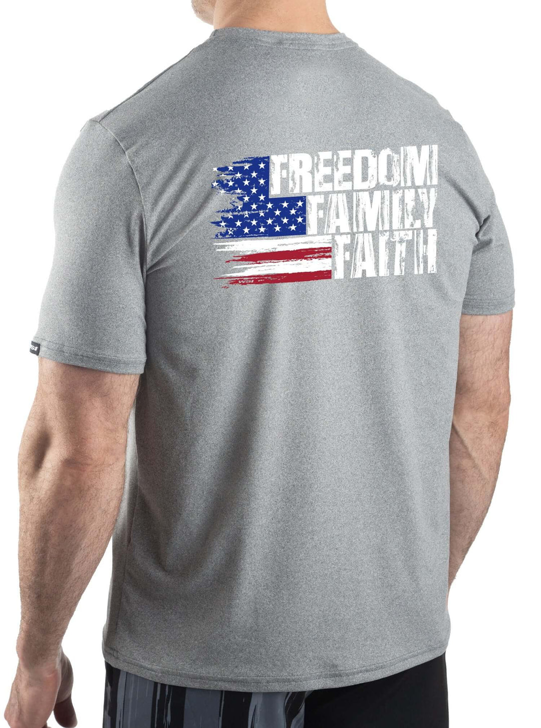 Made in USA. WSI Sportswear Men’s Patriotic Freedom Faith Family Graphic SoftTECH™ Tee.  Lightweight, Moisture Wicking, in Light Gray