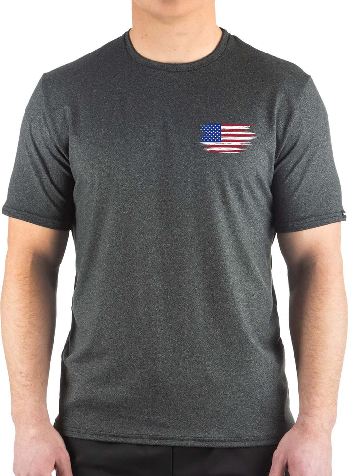 Made in USA. WSI Sportswear Men’s Patriotic Freedom Faith Family Graphic SoftTECH™ Tee.  Lightweight, Moisture Wicking, in Dark Gray