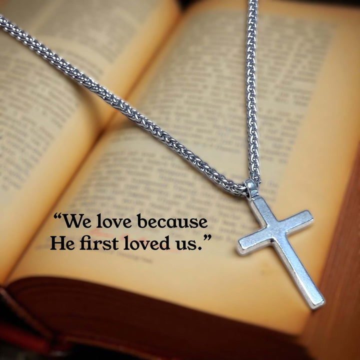 Handcrafted solid sterling silver cross necklace on a stainless steel chain. Custom lengths available. Made in USA with a lifetime warranty. 