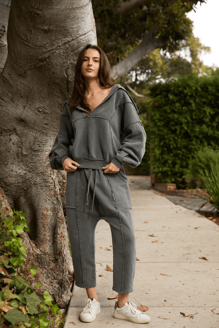  Ryanne Sweatshirt by People of Leisure — 100% organic cotton, deep V-neck, raw edges in Camel &amp; Vintage Black. Made in LA. Sizes XS–XL
