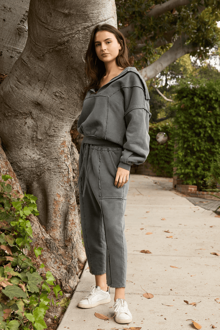  Ryanne Sweatshirt by People of Leisure — 100% organic cotton, deep V-neck, raw edges in Camel &amp; Vintage Black. Made in LA. Sizes XS–XL