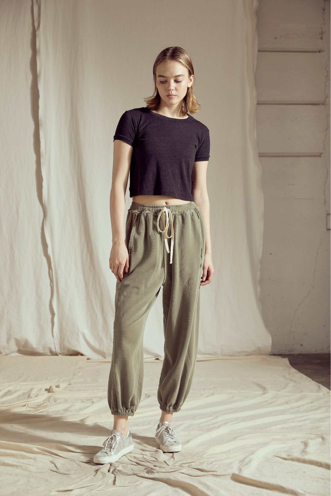 Shop the Sunday Morning Joggers in Olive &amp; Sand — soft 100% cotton joggers with a relaxed fit. Perfect for lounging or casual wear. Sizes XS–L.