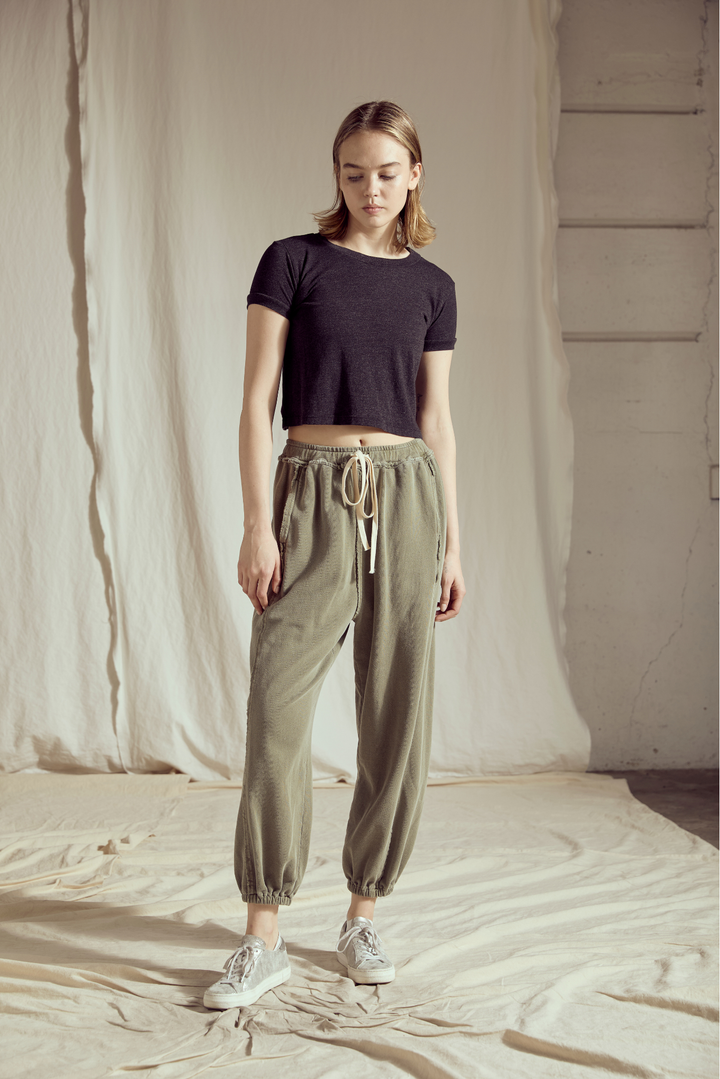 Shop the Sunday Morning Joggers in Olive &amp; Sand — soft 100% cotton joggers with a relaxed fit. Perfect for lounging or casual wear. Sizes XS–L.