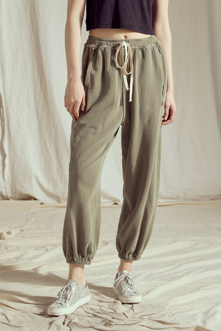 Shop the Sunday Morning Joggers in Olive &amp; Sand — soft 100% cotton joggers with a relaxed fit. Perfect for lounging or casual wear. Sizes XS–L.