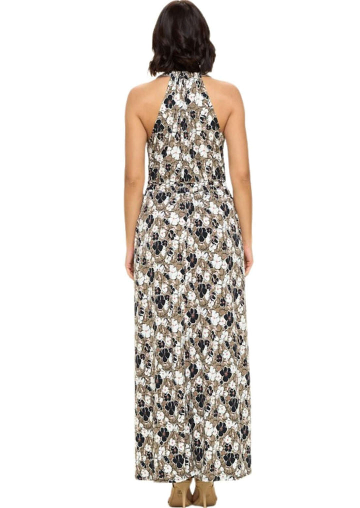 USA Made Ladies Floral Printed Halter Maxi Dress in Taupe with Black, White &amp; Pink Floral Design | Classy Cozy Cool Women&