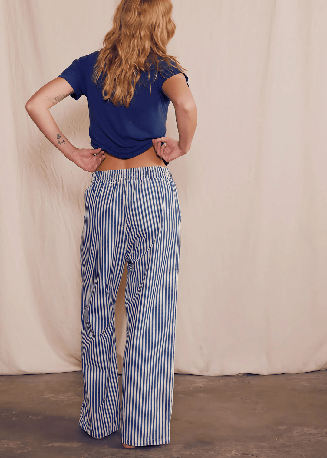 The Charlie Pant by People of Leisure — 100% cotton denim wide leg in Striped. Sustainably made in the USA. Sizes XS–XL