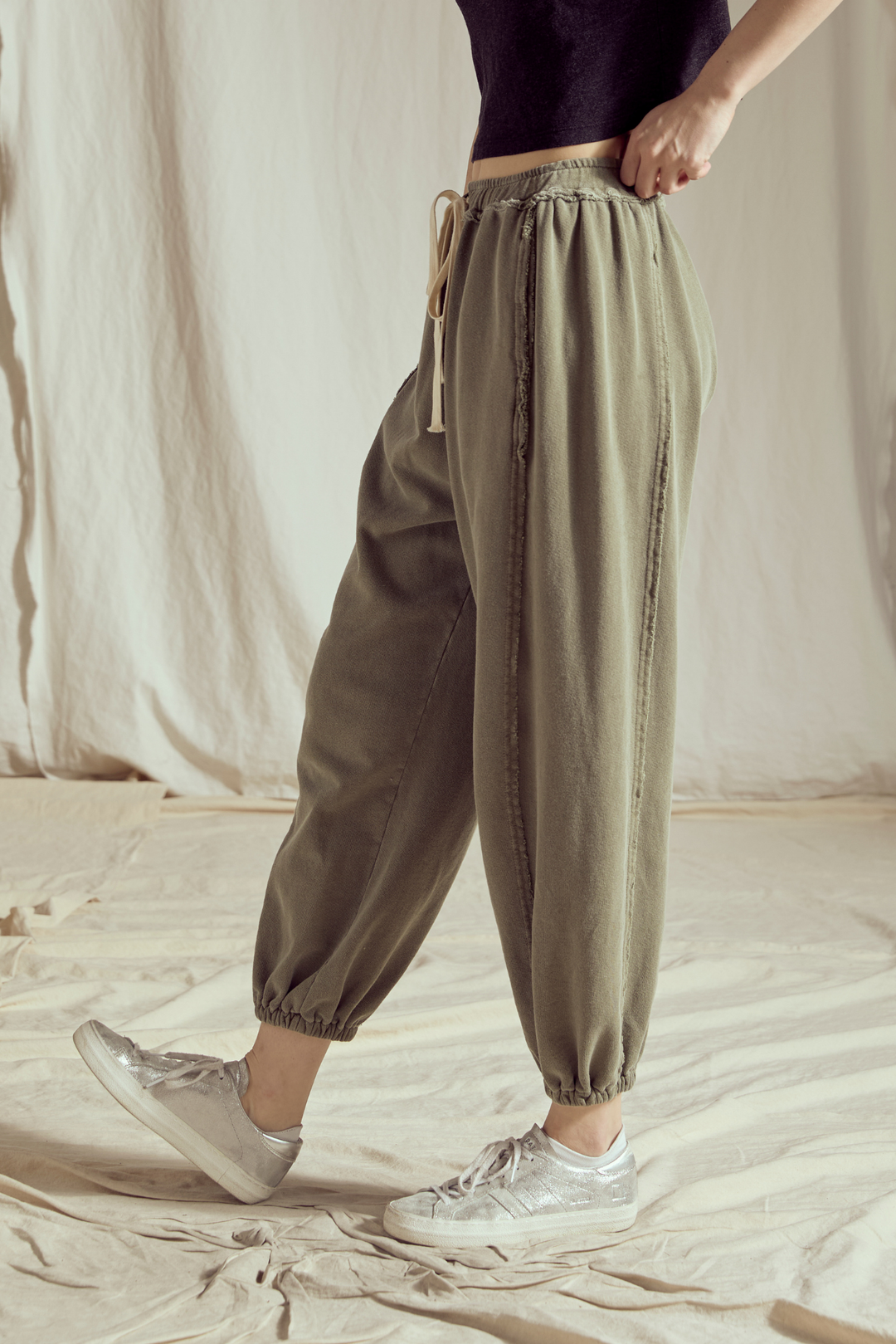 Shop the Sunday Morning Joggers in Olive &amp; Sand — soft 100% cotton joggers with a relaxed fit. Perfect for lounging or casual wear. Sizes XS–L.