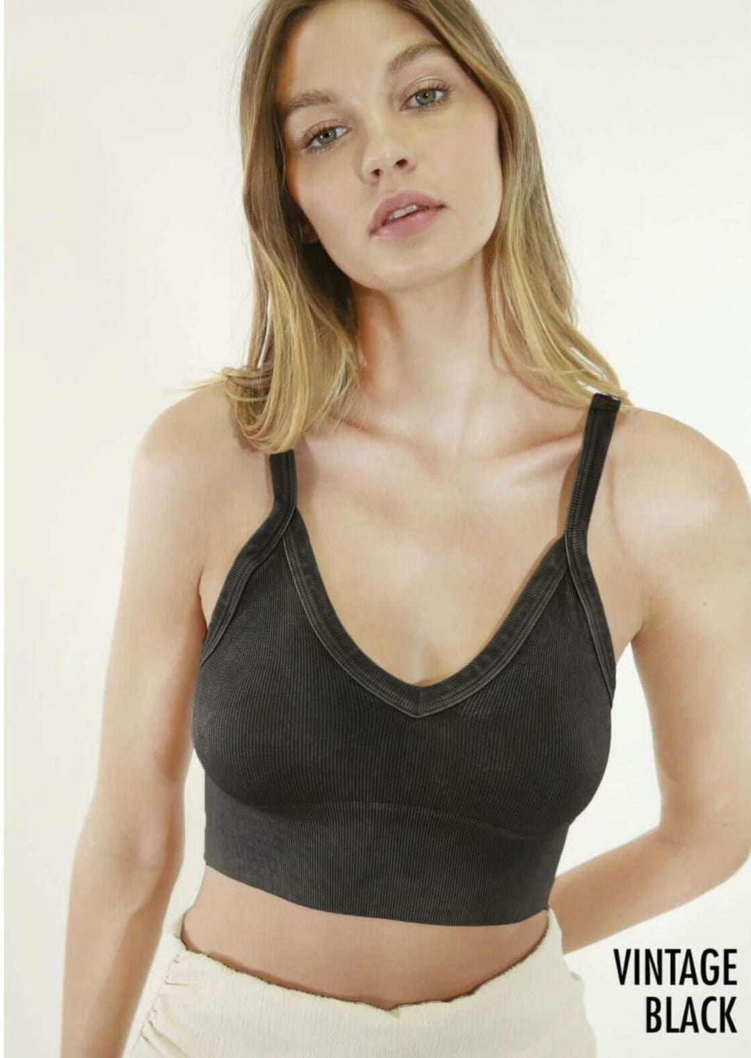 Niki Biki Ladies Fitted Vintage V-Neck Ribbed Bra Top Style NS8187  in Vintage Black | Made in USA | Classy Cozy Cool Women&