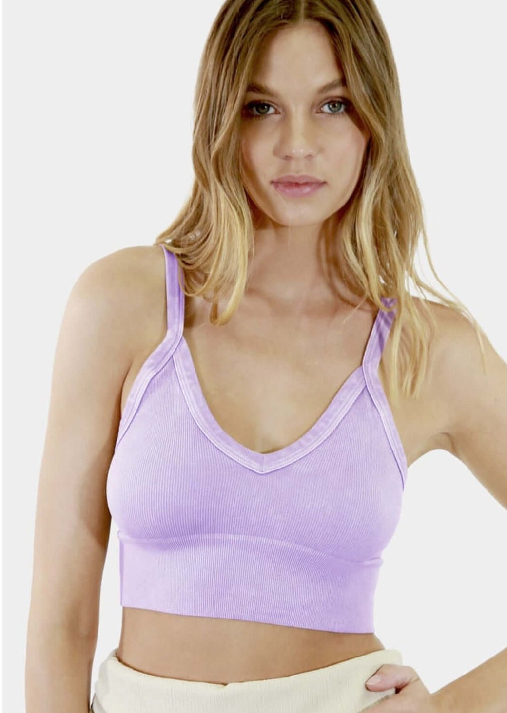 Niki Biki Ladies Fitted Vintage V-Neck Ribbed Bra Top Style NS8187  in Vintage Amethyst | Made in USA | Classy Cozy Cool Women&