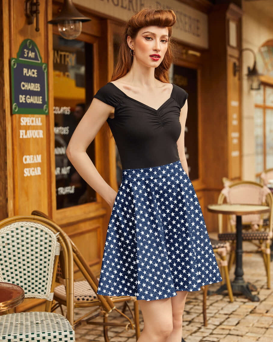 Made in USA. Shop the Stars cotton skater skirt by Retrolicious, with a vintage-inspired look, elasticized back waist and true-to-size fit. XS–4X.